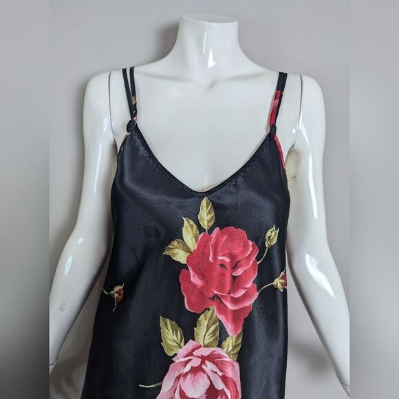 Vintage La Vie en Rose Black Floral Satin Slip Dress – Crisscross Back – SzLarge - Picture 7 of 12